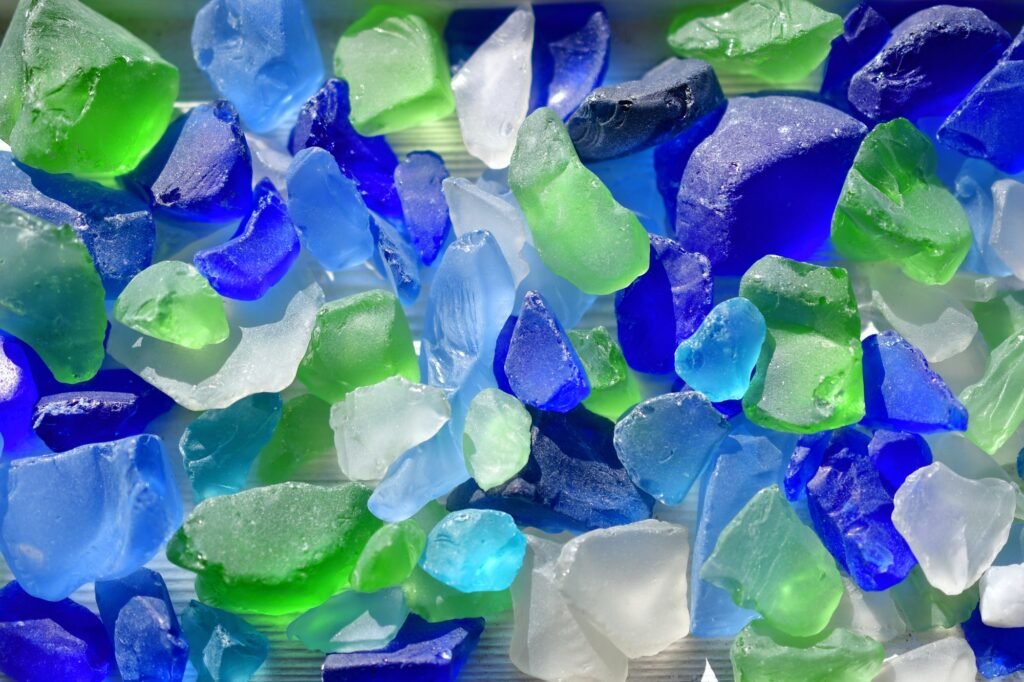 Vibrant blue, green, aqua, aquamarine and turquoise sea glass